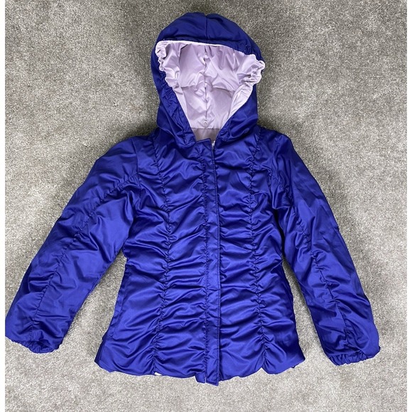 Lands End Girls Puffer Reversable Hooded Ski Jacket Down Insulated Med 5-6 - Picture 3 of 6